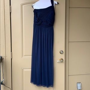 Alfred Sung navy blue oneshoulder bridesmaid dress